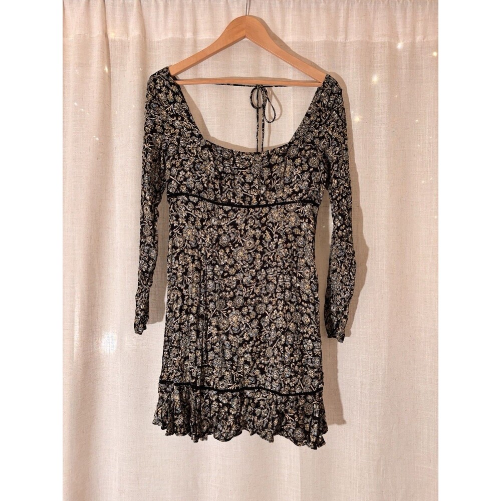 Free People Black Floral Square Neck Long Sleeve Mini Dress Lined, Size 6